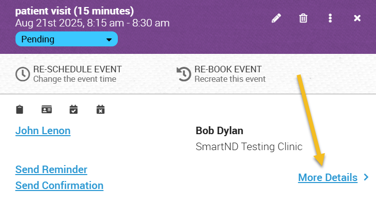 How to see details about a patient booking in the calendar.  Shows the calendar event card with an arrow pointing to more details, which opens a panel showing more details about the event. 